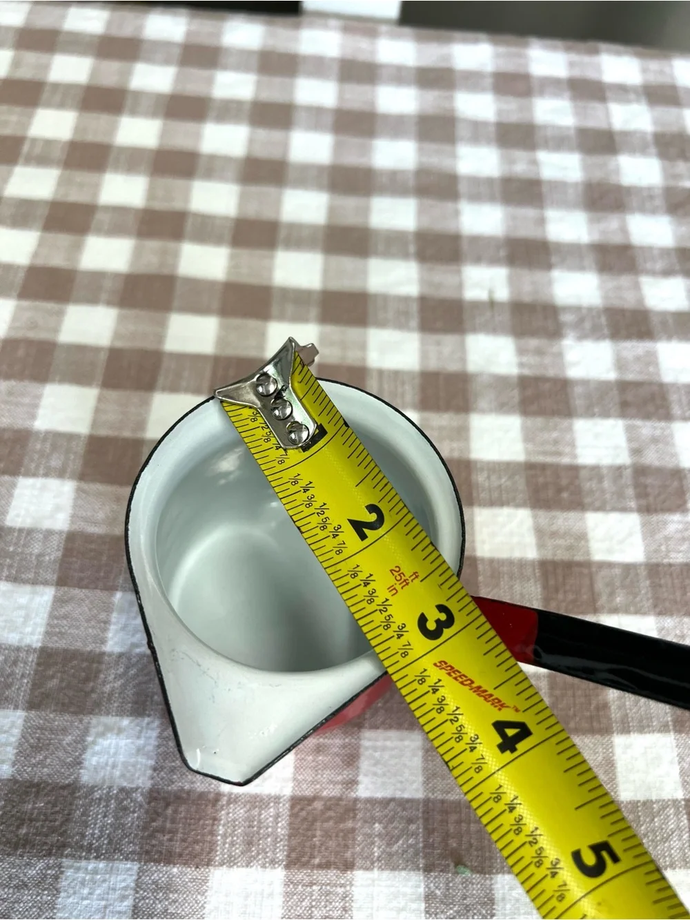 Vintage Hong Kong coffee briki melting pot ladle red black white enamel
